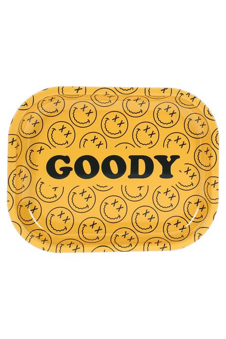 Small Goody Glass metal rolling tray with yellow patterned face design and raised edges in a top-down product view
