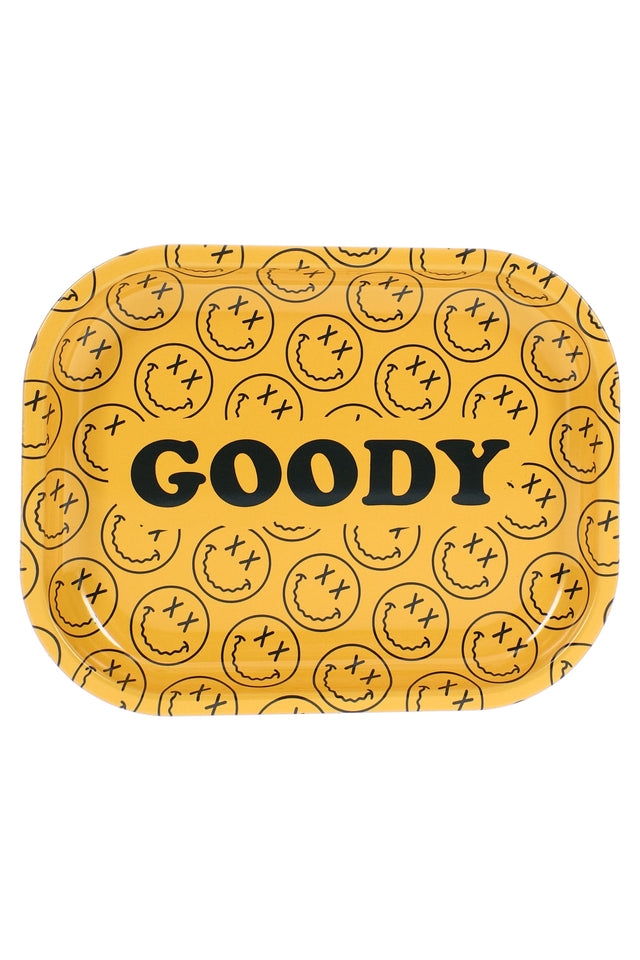 Small Goody Glass metal rolling tray with yellow patterned face design and raised edges in a top-down product view