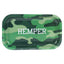 Medium Hemper metal rolling tray with green camo print and raised edges shown in a top-down product view