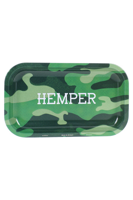 Medium Hemper metal rolling tray with green camo print and raised edges shown in a top-down product view
