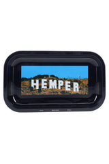 Medium Hemper metal rolling tray with dark graphic print and raised edges shown from above