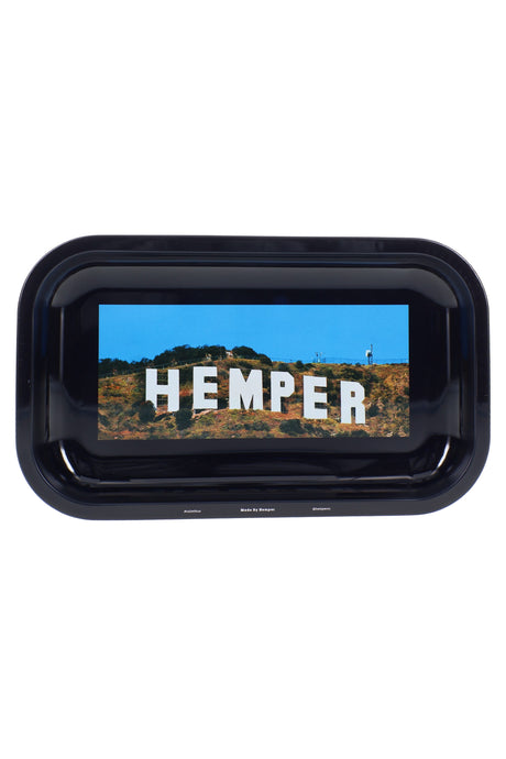 Medium Hemper metal rolling tray with dark graphic print and raised edges shown from above