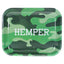 Large Hemper metal rolling tray with green camo print and raised edges shown in a top-down product view