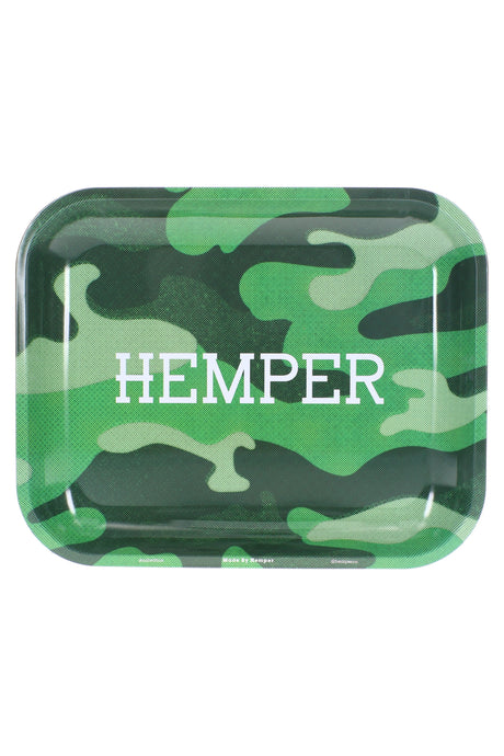 Large Hemper metal rolling tray with green camo print and raised edges shown in a top-down product view