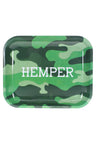 Large Hemper metal rolling tray with green camo print and raised edges shown in a top-down product view