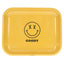 Large Goody Glass metal rolling tray with yellow graphic face print and raised edges shown in a top-down view