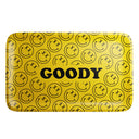 Goody Glass medium metal rolling tray with bold black face artwork and yellow patterned background