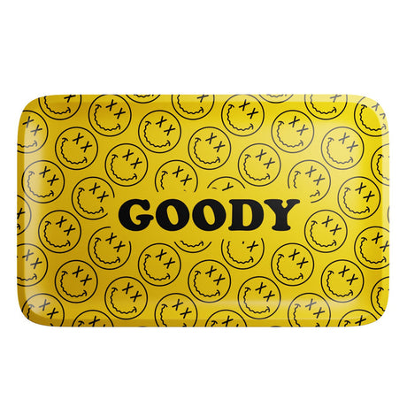 Goody Glass medium metal rolling tray with bold black face artwork and yellow patterned background