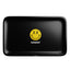 Angled view of Goody Glass 10¾″ × 6¼″ metal rolling tray with raised edges and graphic design