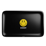 Angled view of Goody Glass 10¾″ × 6¼″ metal rolling tray with raised edges and graphic design