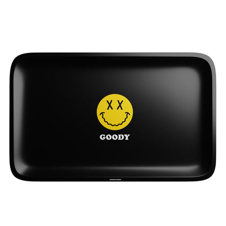 Angled view of Goody Glass 10¾″ × 6¼″ metal rolling tray with raised edges and graphic design