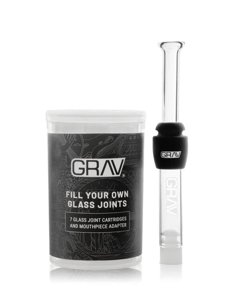 GRAV Fill-Your-Own Glass Joints carrying tube beside an assembled glass cartridge, black grommet, and mouthpiece.