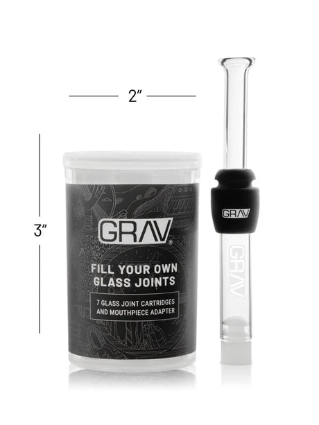 GRAV glass joint kit dimension graphic showing the carrying tube measuring 3 inches high and 2 inches wide.