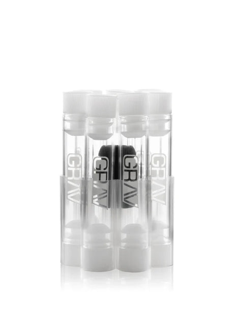 Clear GRAV glass cartridges grouped together with white end caps and a black silicone grommet visible between them.