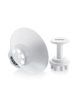 White GRAV filling funnel and seven-prong tamper shown side by side, with branding on both components.