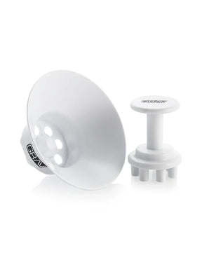 White GRAV filling funnel and seven-prong tamper shown side by side, with branding on both components.