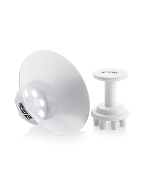White GRAV filling funnel and seven-prong tamper shown side by side, with branding on both components.