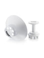 White GRAV filling funnel and seven-prong tamper shown side by side, with branding on both components.