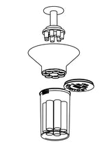 Exploded diagram showing the GRAV tamper and funnel aligned above the separately sold seven-cartridge container.