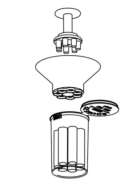 Exploded diagram showing the GRAV tamper and funnel aligned above the separately sold seven-cartridge container.