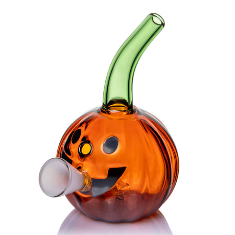 MJ Arsenal Jack O'Ripper glass bubbler front view with orange pumpkin body, green mouthpiece and cone opening