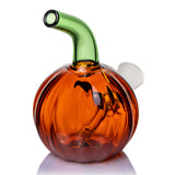 MJ Arsenal Jack O'Ripper glass bubbler rear view showing orange pumpkin chamber, green neck and internal downstem