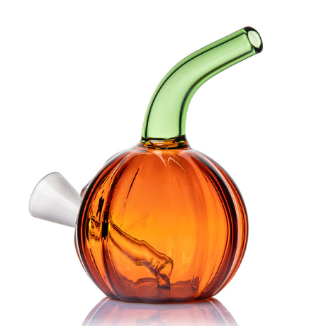 Jack O'Ripper glass bubbler side view with ribbed orange pumpkin body, curved green mouthpiece and frosted opening