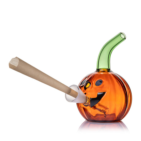 MJ Arsenal pumpkin glass bubbler shown holding a standard rolled cone in its frosted 13 mm front opening