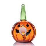 Jack O'Ripper glass bubbler front view highlighting the grinning jack-o'-lantern face and frosted cone holder