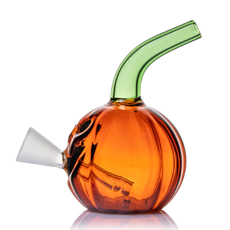 MJ Arsenal pumpkin glass bubbler profile showing the curved green mouthpiece and frosted 13 mm cone opening