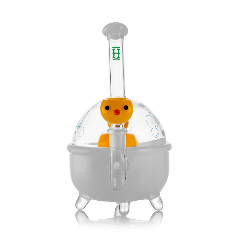 Front view of Hemper 8-inch Ducky XL bong with white tub body, clear bubble dome, inner duck perc and duck bowl mouthpiece.
