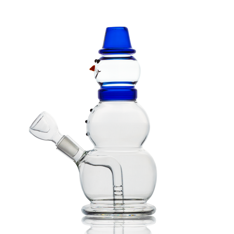 Side view of Hemper 8-inch snowman glass bong with blue hat, stemless 45-degree joint and clear bowl.