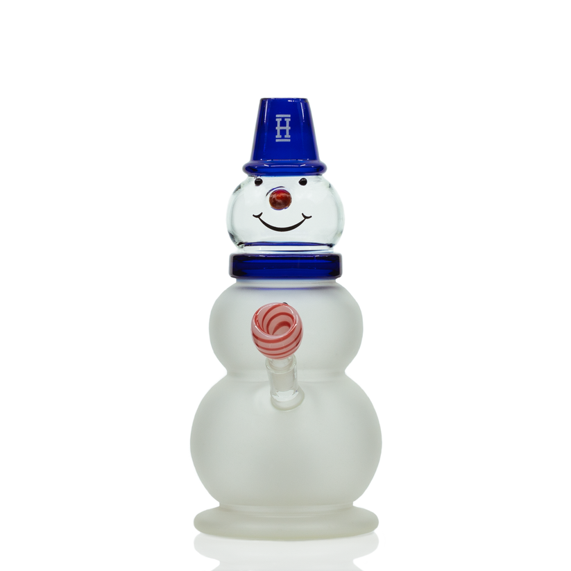 Front studio view of Hemper 10″ Snowman XL glass bong with triple-snowball body, blue accents and red nose on white background.
