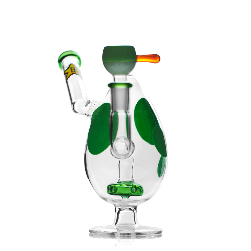 Front view of green-spotted egg bong highlighting the flared mouthpiece and color-dipped herb bowl.