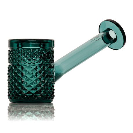 Teal Jane West glass hand pipe side view with blue-green bowl and flat clear glass base