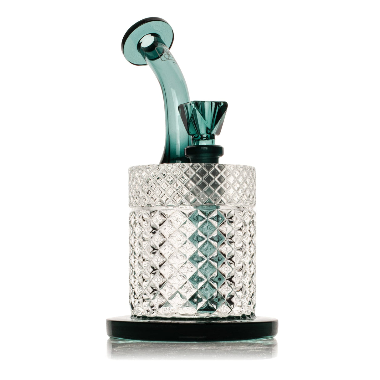 Teal Jane West glass water pipe front view with green-blue neck, matching bowl, and stable base

SEO Metadata