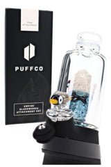 Arctic-themed Peak attachment beside matching penguin carb cap with clear borosilicate glass body