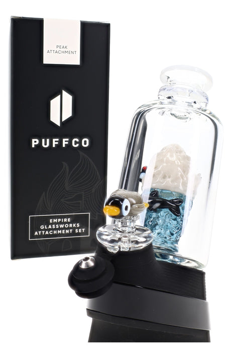 Arctic-themed Peak attachment beside matching penguin carb cap with clear borosilicate glass body