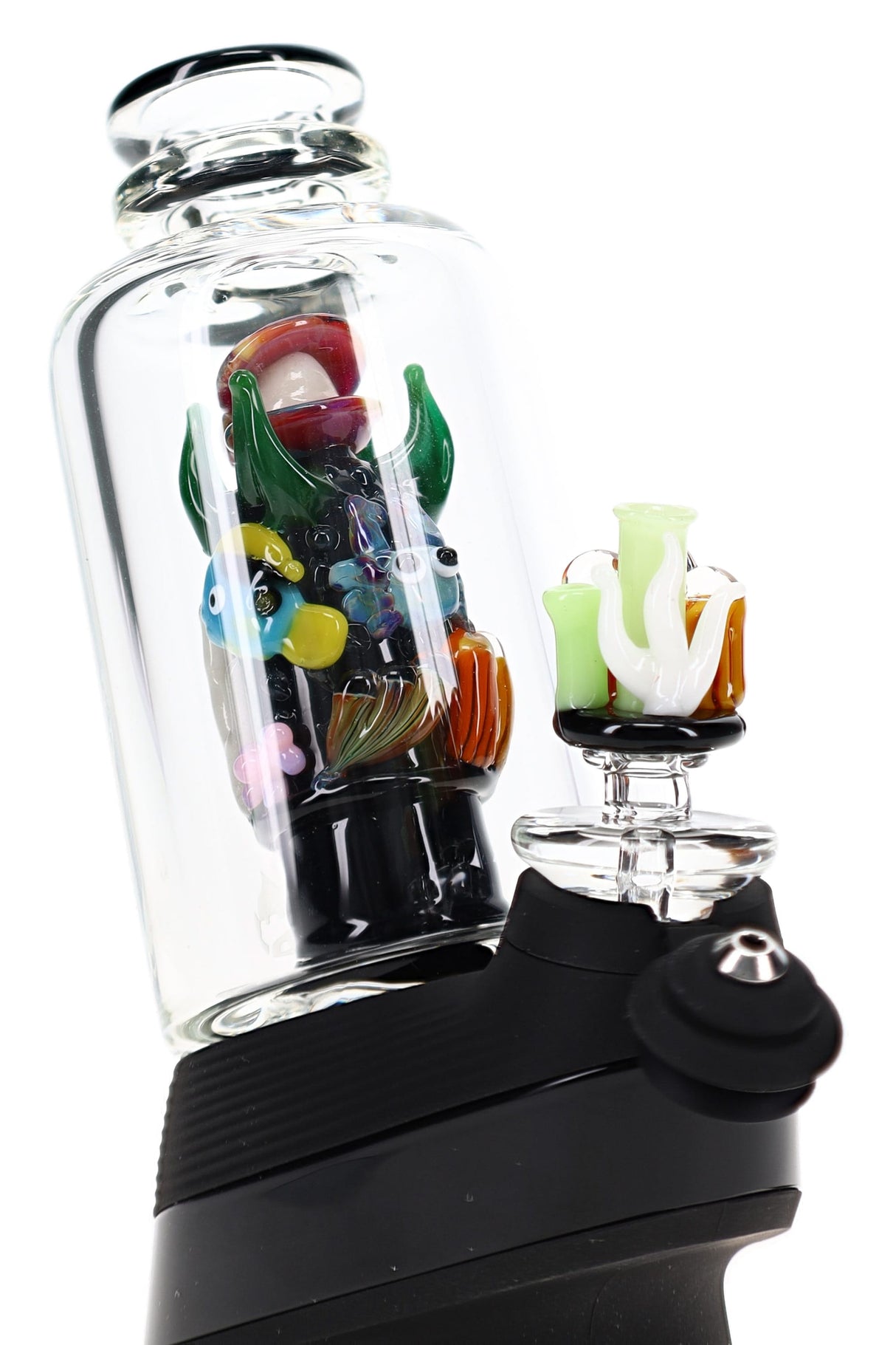 Front view of Save the Seas Peak attachment with clear body, ocean glass art, and colorful reef accents