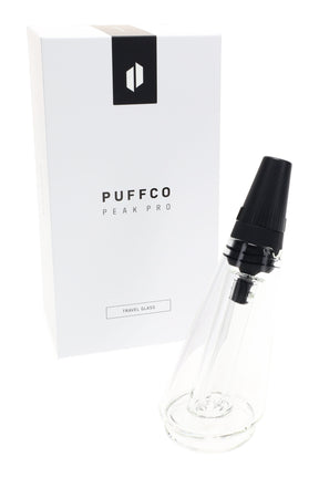 Clear Puffco Peak/Peak Pro travel glass attachment with black locking mouthpiece, shown beside branded retail box.