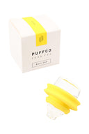 Yellow Peak Pro ball cap shown near packaging; clear glass cap with yellow silicone gasket for a snug, secure fit.
