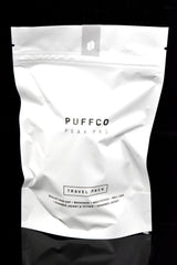 Alternate view of Puffco Peak Pro Travel Pack pouch, zipper-top bag with Puffco logo and contents callout.