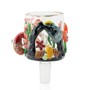 Under the Sea Puffco Proxy attachment by Empire Glassworks with coral arch, fish, and reef details on a clear glass sleeve, front view.