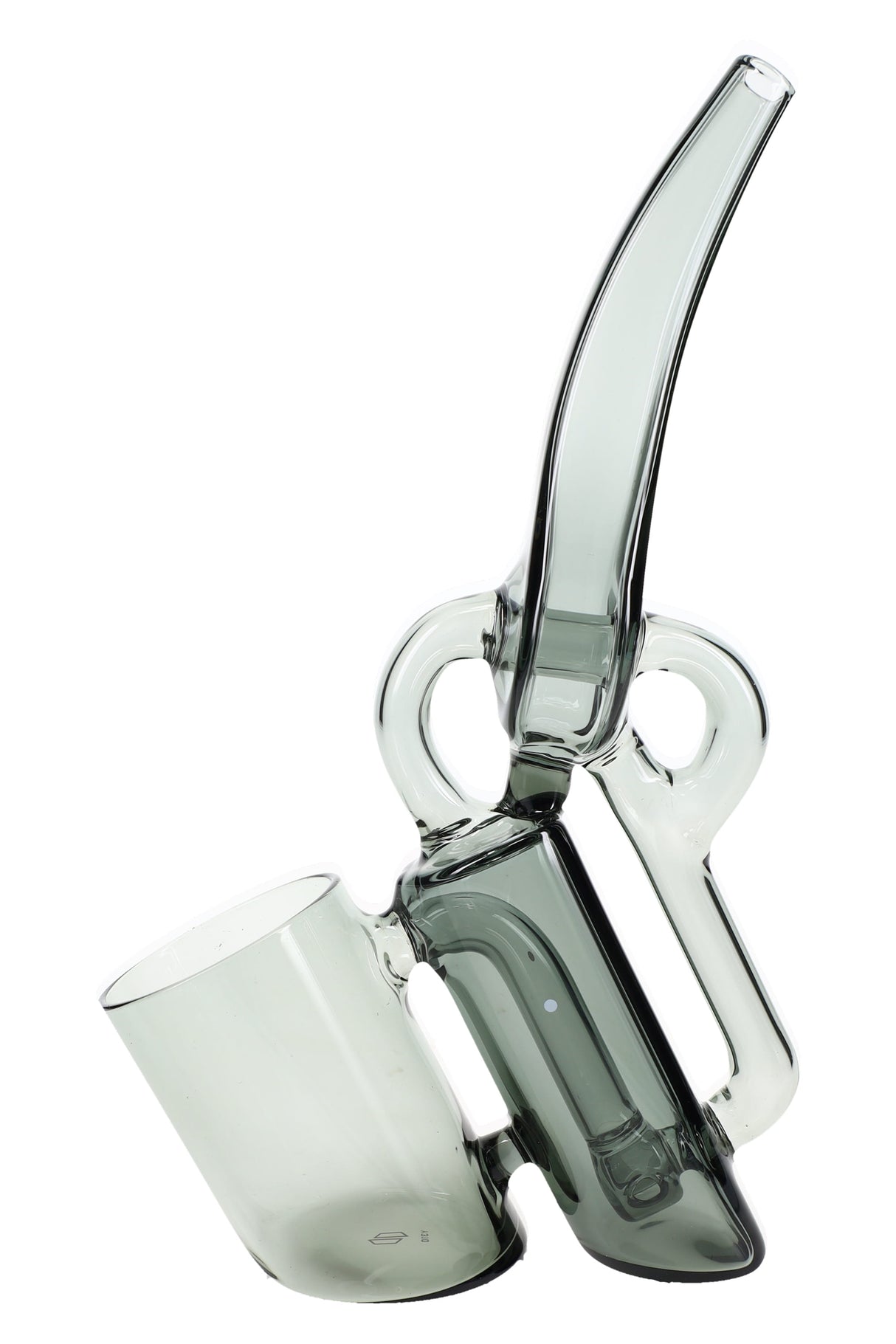 Studio shot of smoke-tinted Ryan Fitt recycler glass attachment for Puffco Proxy, reflective surface view