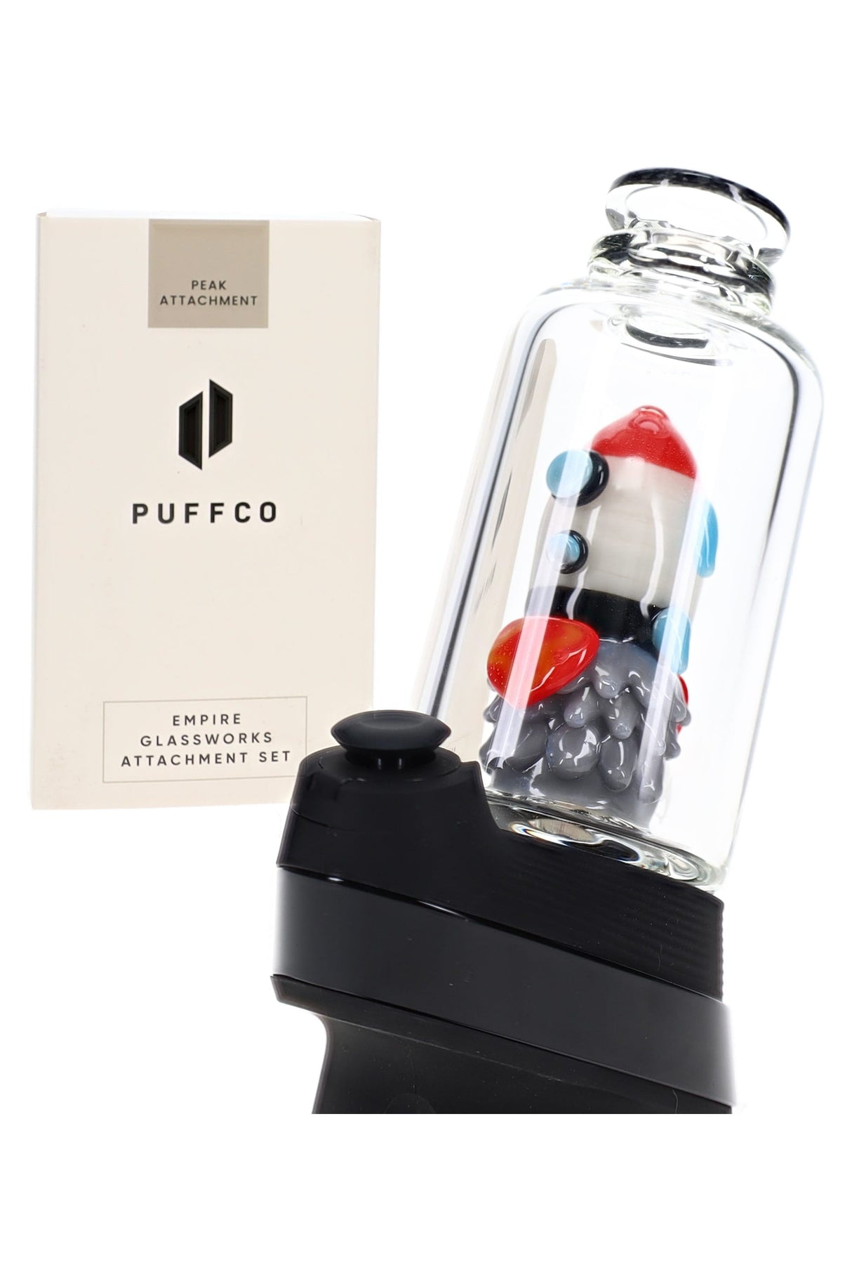 Front view of 4½″ Puffco Peak glass attachment with worked rocket ship insert and clear outer chamber