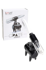 Black Lookah Giraffe electric dab straw shown with box, freestanding four-leg base and USB-C port visible.