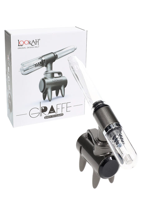Gunmetal Lookah Giraffe electric dab straw with glass mouthpiece, large battery screen, and angled quartz Type 5 tip.