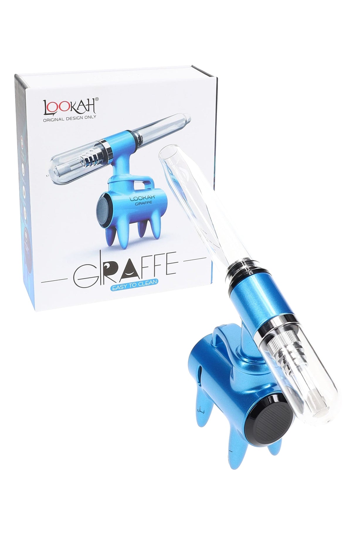 Blue Lookah Giraffe electric dab straw beside retail box, quartz tip with magnetic cap and sturdy base.