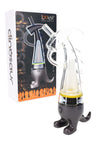 Gray Lookah Dinosaur electric dab rig with LED display and tail-foot base, shown next to retail box.