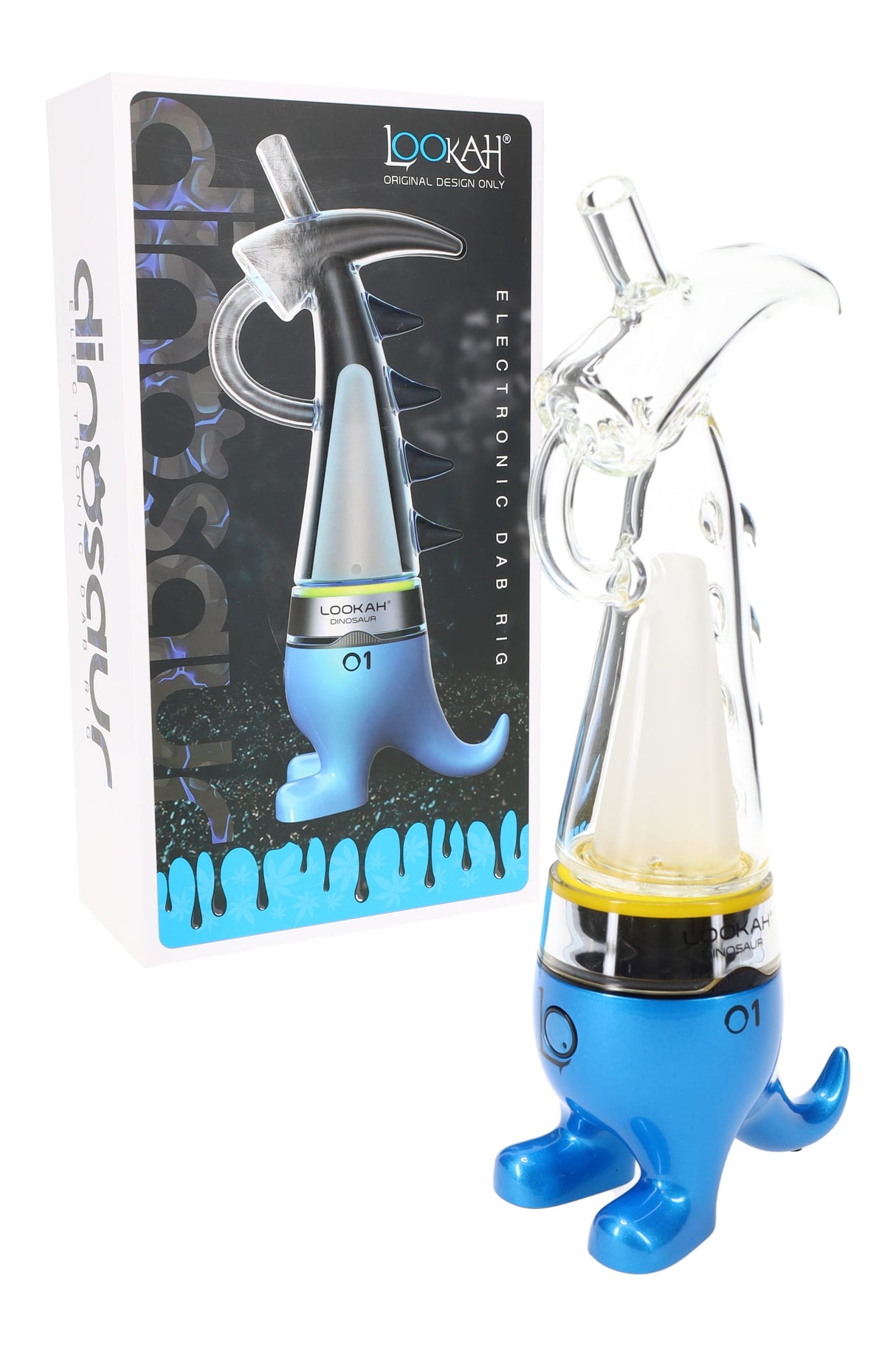 Blue Lookah Dinosaur e-rig with borosilicate bubbler and USB-C charging, displayed by product box.